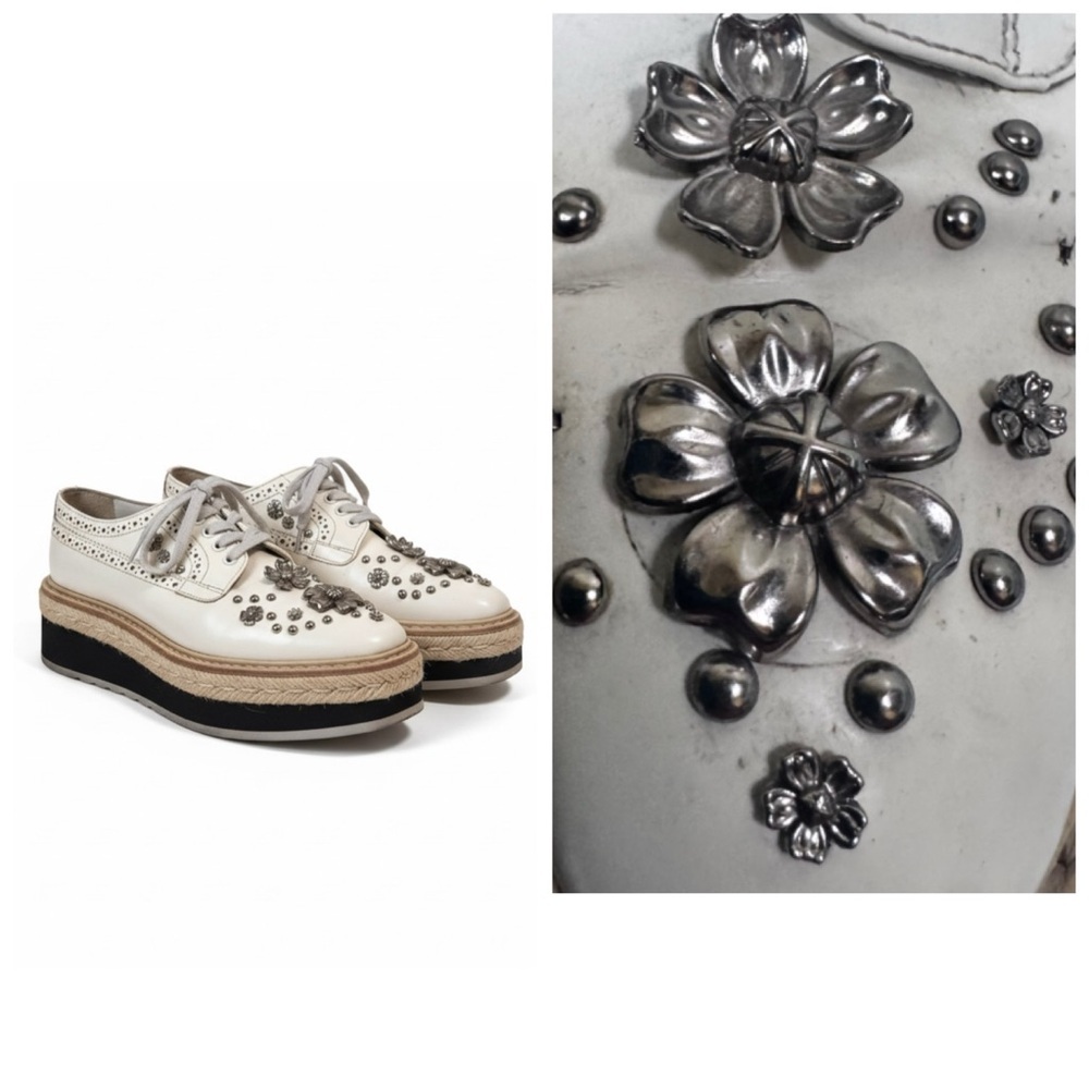 Prada Spazzolato Leather Oxford Brogue 3D Floral Studs Shoes Sneakers Platform
